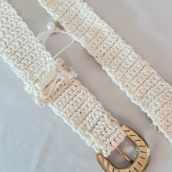 Boho Hancrafted Crochet Cream Belt XL Waist Statement Buckle Beige Net Covering - Picture 7 of 10